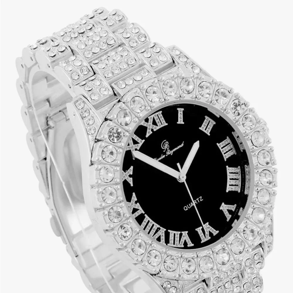Iced Out Roman Numeral BustDown Watch Silver Black Dial HipHop Bling Quartz